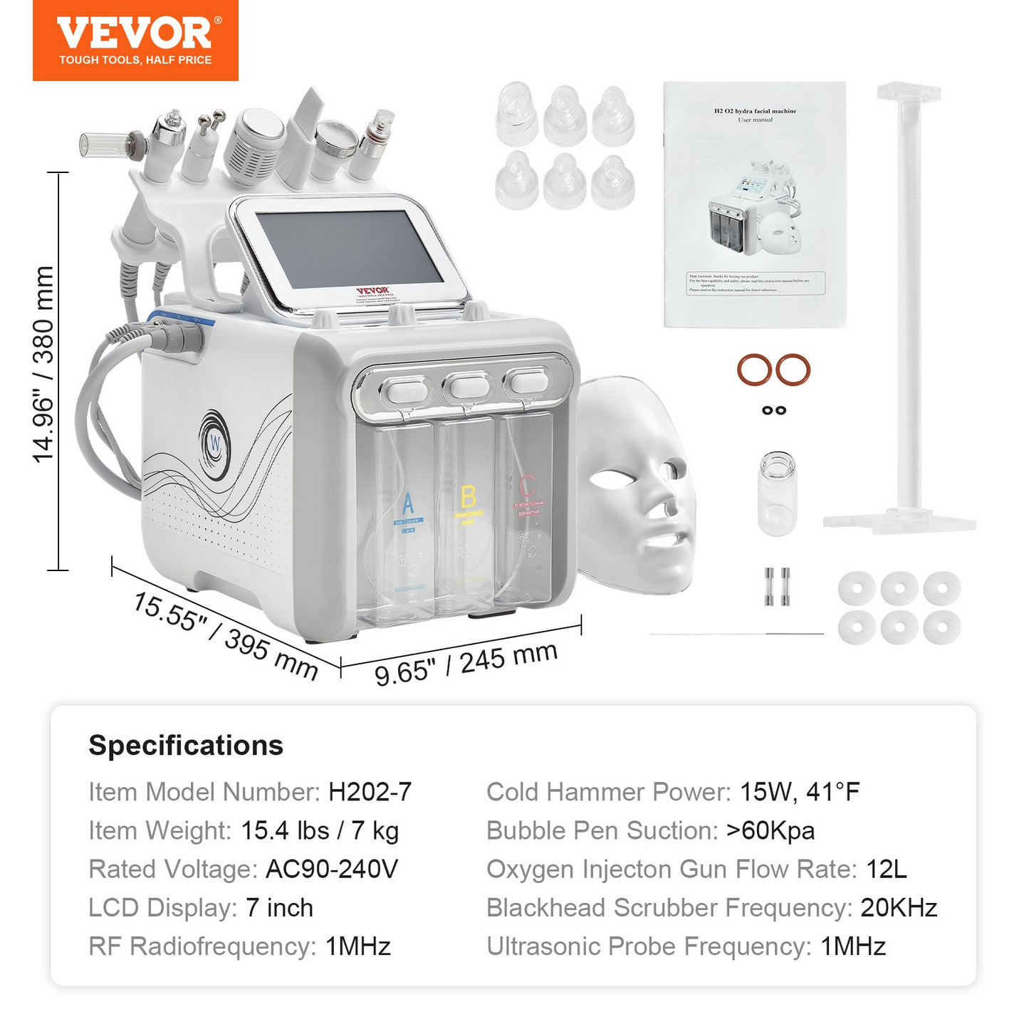 VEVOR 7 in 1 Hydrogen Oxygen Facial Machine, Professional Hydrafacial Machine for Spa, Hydro Facial Cleansing Rejuvenation Machine with 7-inch LCD Screen, 6 Skincare Probes, 7-Color Light Beauty Mask